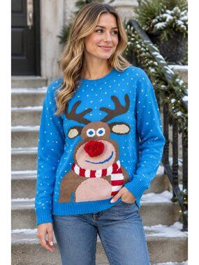 3D Pom-Pom Nose Christmas Reindeer Knit Sweater Crew Neck Long Sleeve Pullover